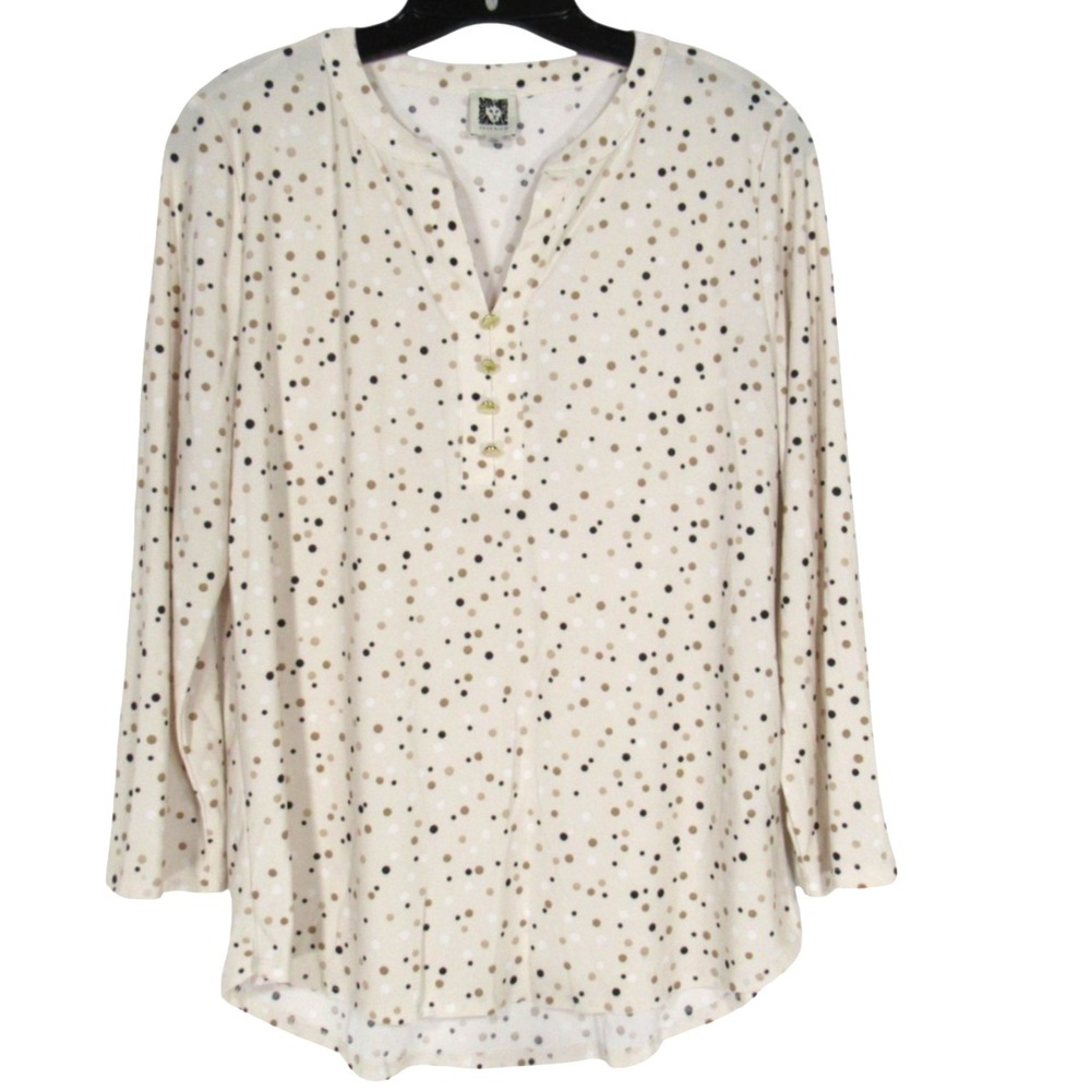 ANNE KLEIN Beige BLACK/KHAKI POLKA-DOTS High Low Hem 3/4 SLEEVES Blouse/Top Sz M